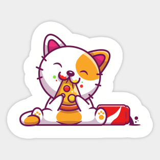 Cute Cat Eating Pizza And Cola Cartoon Sticker